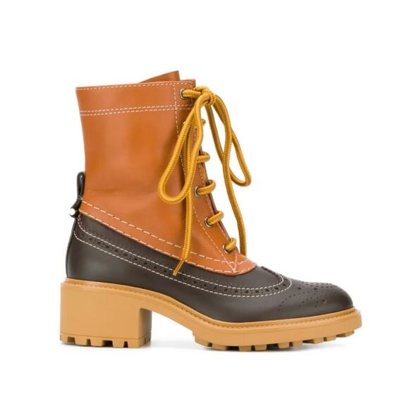 Chloé Franne Two-Tone Leather Lace-Up Ankle Boots Brown/Black size 37 / 6.5 - Picture 1 of 10